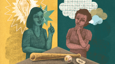 An illustration of two women looking at a bat and ball, one with a lightbulb over her head and the other reflecting carefully on math