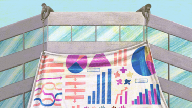 An illustration of a banner covered in colorful charts being hoisted in front of a corporate building