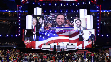 Images of J. D. Vance on video screens at the Republican National Convention