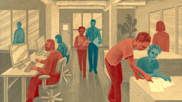 An illustration of people working in an office, some shaded blue and some shaded red