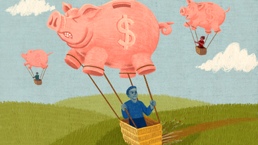 An illustration of a piggy bank-shaped hot air balloon that can't get off the ground