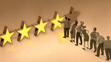 An illustration of people lined up to select a star rating 