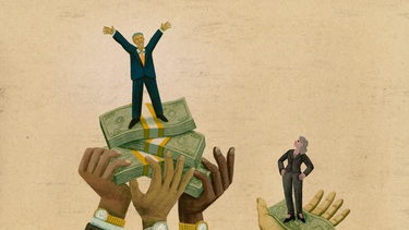 An illustration showing a male investor being raised up by hands and money, while a women investor is getting less