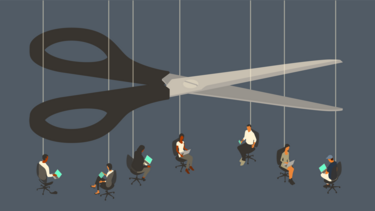 An illustration of scissors cutting strings holding up office workers with computers