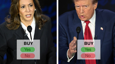 A split screen of Kamala Harris and Donald Trump debating, with buttons to buy "yes" or "no" contracts for each of them