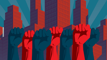 Red and blue fists in front of skyscrapers