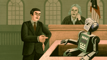 A robot being questioned in a courtroom