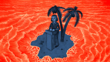An illustration of a blue mayor on an island surrounded by a red ocean