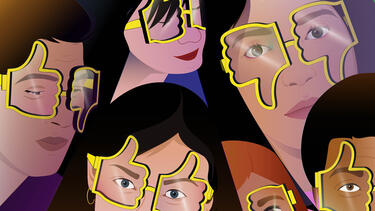 An illustration of people wearing glasses in the shape of thumbs up and thumbs down