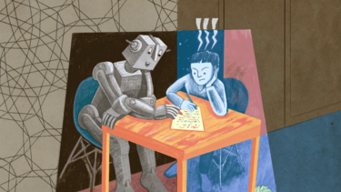 An illustration of a robot helping a frustrated person to write a complaint
