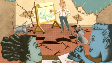 Illustration of a worker presenting an idea amidst crisis