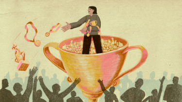 An illustration of a person standing in a trophy throwing medals to a crowd