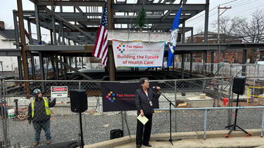 Suzanne Lagarde at a “final beam” ceremony for a Fair Haven Health Care facility under construction.
