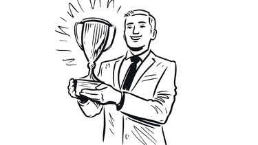A vintage-looking cartoon of a man holding a trophy