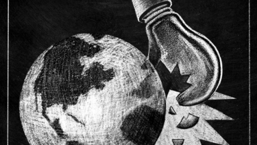 A chalk drawing of a light bulb hitting the earth