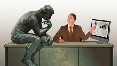 An illustration of a businessperson showing information to Rodin's "The Thinker"