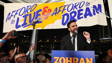 Zohran Mamdani speaking to supporters on election night.
