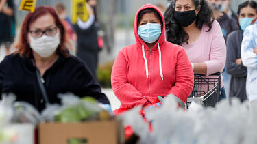 Parents waiting to receive meals at Byrd Middle School in Sun Valley, California, on April 17, 2020. Photo: Irfan Khan/Los Angeles Times via Getty Images.