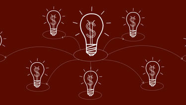 Illustration of several lightbulbs illuminating with dollar signs indicating idea as well