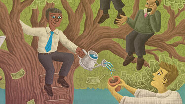 An illustration showing executives in a tree watering a smaller plant.