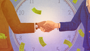 Illustration of two people with pockets full of money shaking hands in front of clock