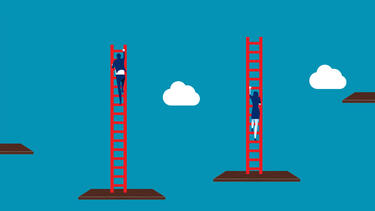 Illustration of people climbing ladders starting at different levels in the sky