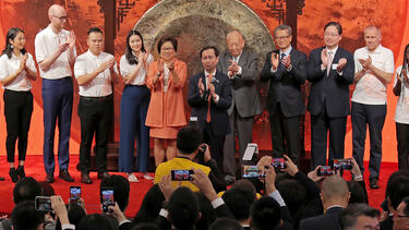 The Alibaba Group’s listing ceremony at the Hong Kong Stock Exchange on November 26, 2019. Photo: AP Photo/Kin Cheung.