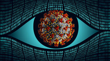 An illustration of an eye made out of data with an image of the COVID-19 virus in the center