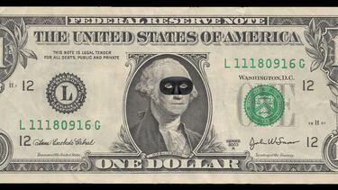 A dollar bill with a mask on George Washington's face