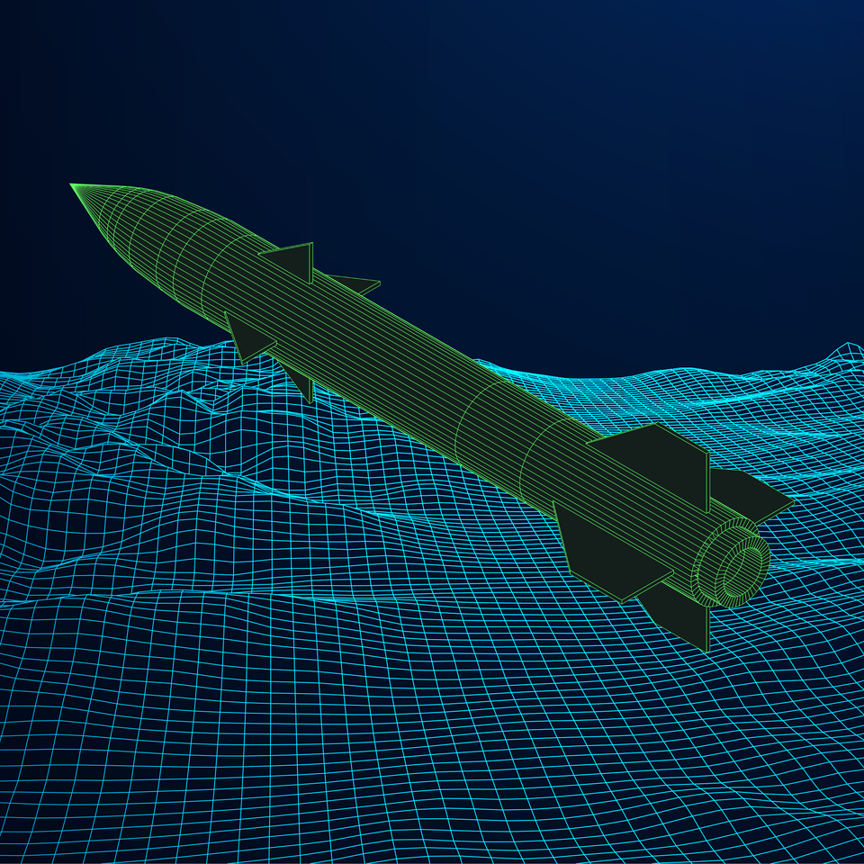 A computer-generated image of a missile flying over a landscape