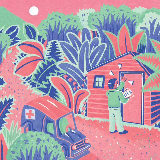 An illustration of a public-health worker knocking on a door in the jungle
