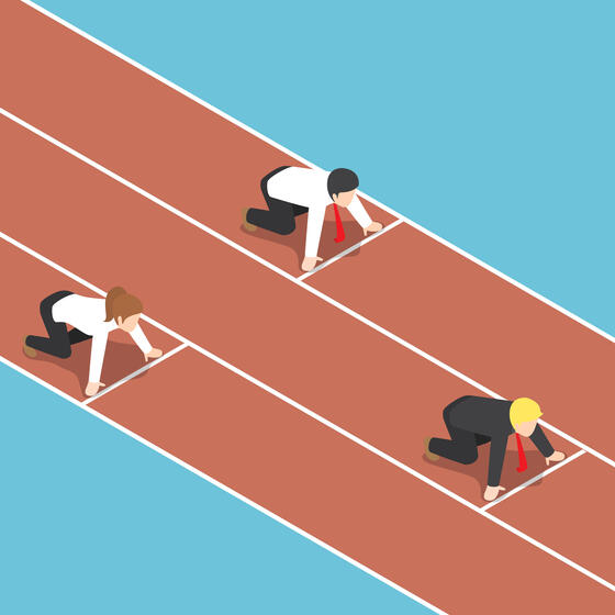 An illustration of people in business attire starting a race with one ahead of the others