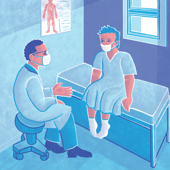 An illustration of a patient and a doctor in an exam room, both wearing masks