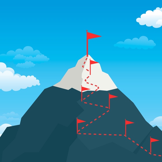 An illustration of a mountain with a path marked by small flags and a large flag at the top.