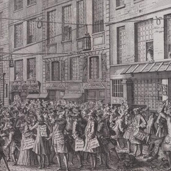 An 18th-century print of a crowded street