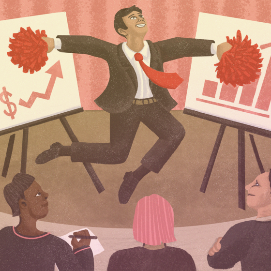 An illustration of an entrepreneur leaping in the air and wearing pom-poms while presenting