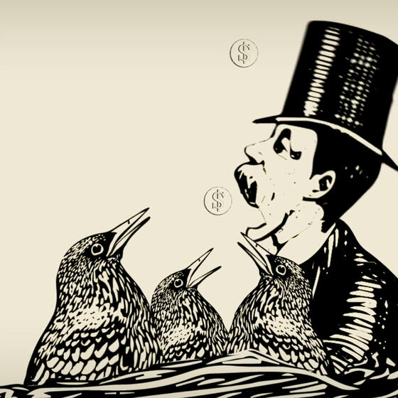 An illustration of a man in top hat stealing coins from birds