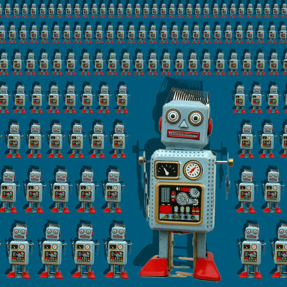 A photo illustration of legions of toy robots