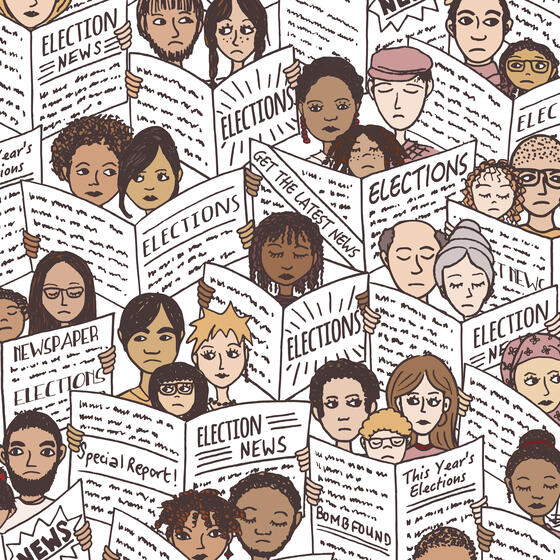 An illustration of people reading newspapers with election news.
