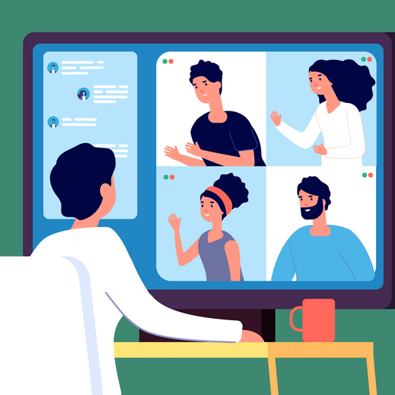 An illustration of a woman sitting in front of her computer having a Zoom meeting.