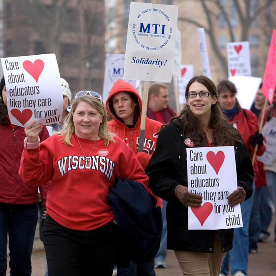 Teachers protesting Wisconsin governor Scott Walker's proposal to eliminate collective bargaining for state workers, in 2010. Photo: Mark Hirsch/Getty Images.