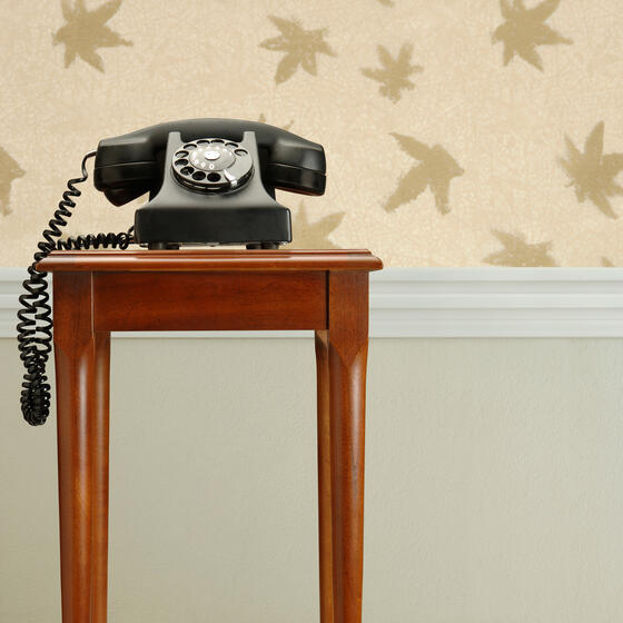 A rotary phone on a table