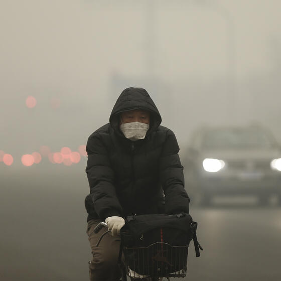 A cyclist in Beijing on a day of heavy pollution in December 2015.