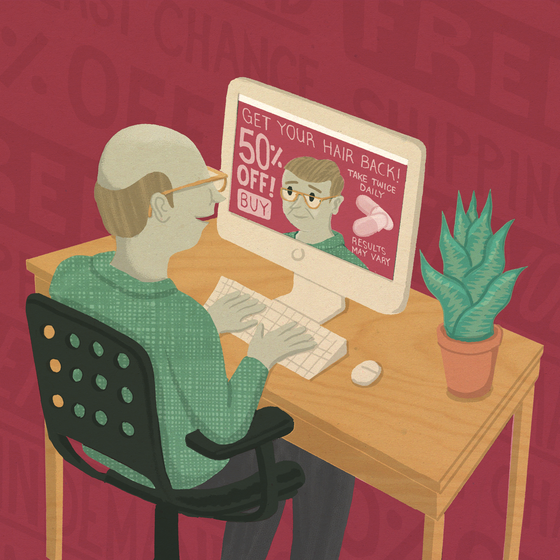 An illustration of a bald man looking at an ad for a hair growth product that includes a version of himself with hair