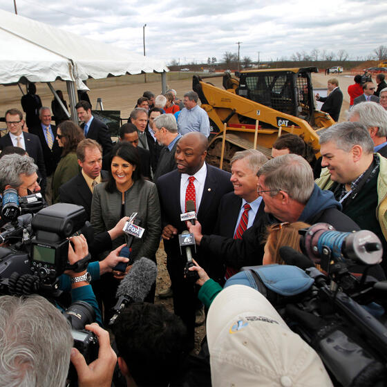 Senator Tim Scott, Republican of South Carolina, speaking to the media with Governor Nikki Haley and Senator Lindsey Graham at a 2013 groundbreaking event. Photo: Gerry Melendez/The State/Tribune News Service via Getty Images.