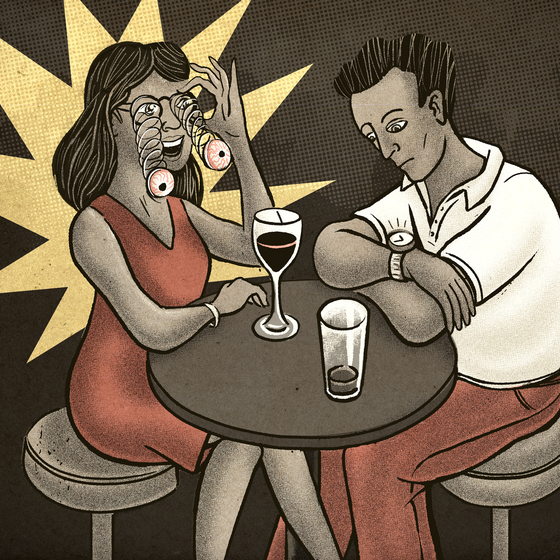 An illustration of a woman wearing novelty glasses telling a joke while her male companion looks at his watch