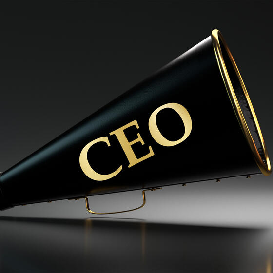 A black megaphone labeled "CEO" in gold