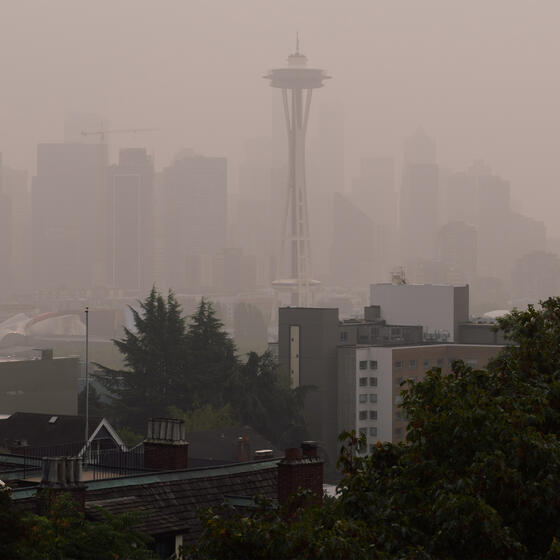 Seattle's Space Needle obscured by smoke from wildfires in September 2020.