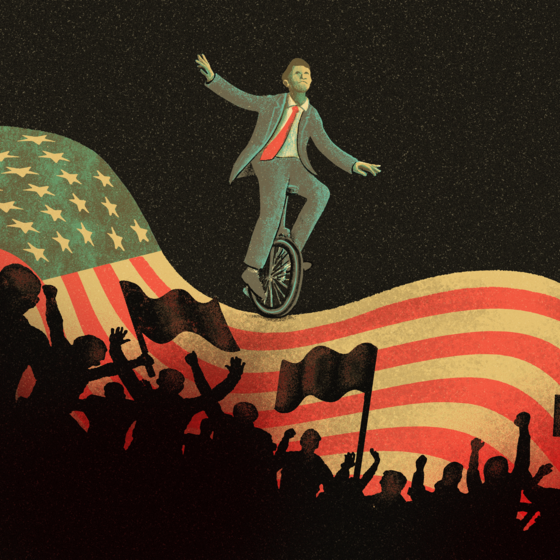 An illustration of a politician riding a unicycle in front of a cheering crowd