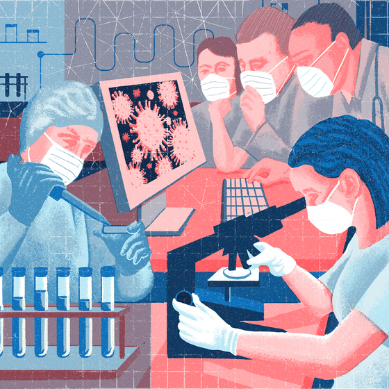 Masked scientists and technicians working on various projects